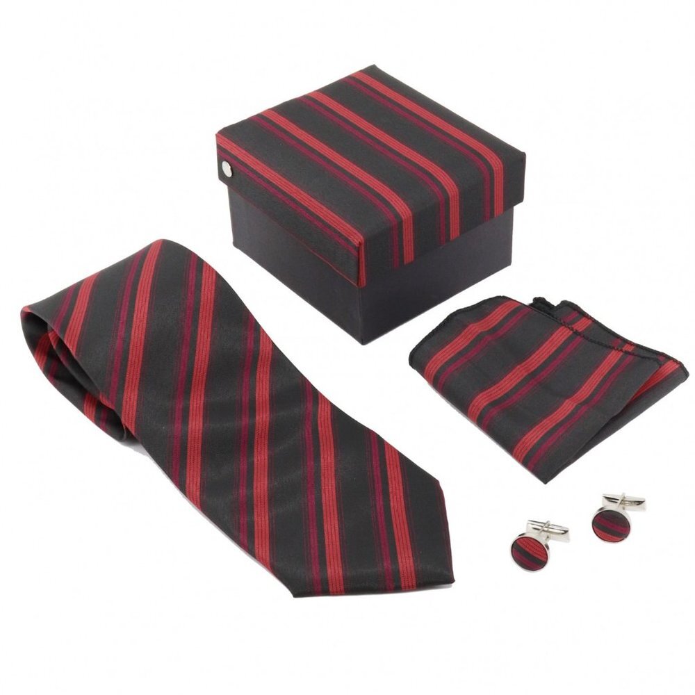 NEW 3-Pc Boxed Gift Tie Set Coordinated Print Cuff Links Hankerchief Red Black
